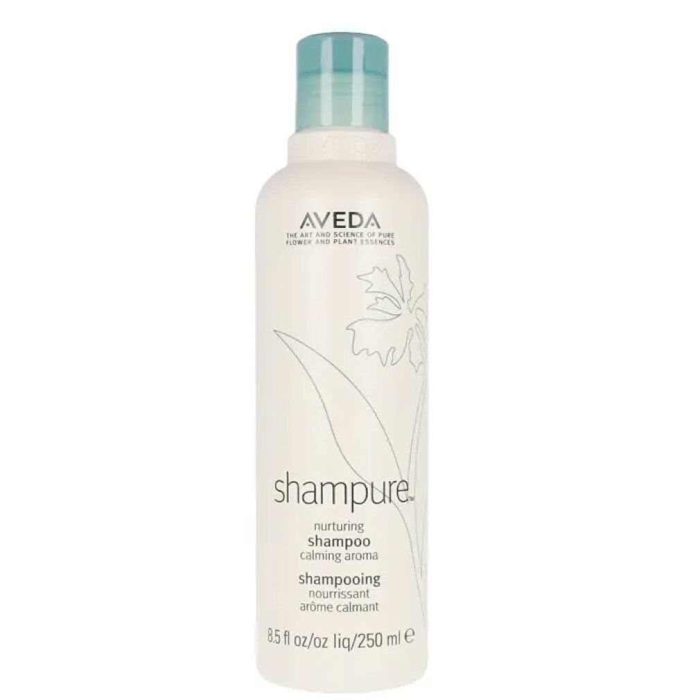 Flacone di shampoo bianco con tappo blu. Scritta: Aveda, Shampure, 250 ml.
