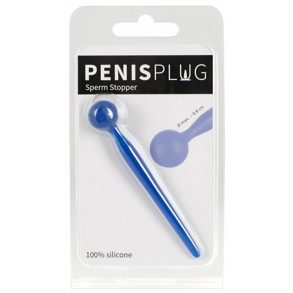 Tappo per pene blu in confezione blister. Scritta: PENISPLUG, Sperm Stopper, 100% silicone. Illustrazione del prodotto e dimensioni.