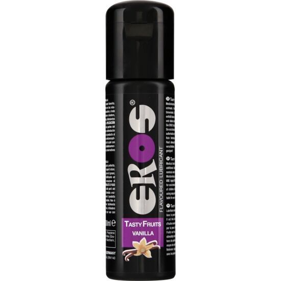 Lubrificante EROS Tasty Fruits Vanilla in flacone nero con tappo a ribalta.