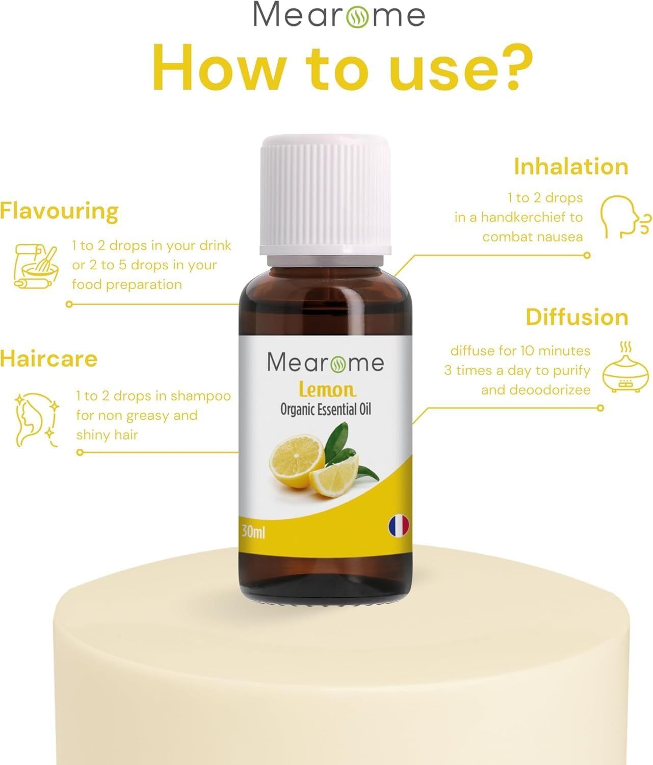 Flacone di olio di limone, testo, simboli. Testo: How to use? Flavouring, Inhalation, Diffusion, Haircare. Marchio: Mearome.