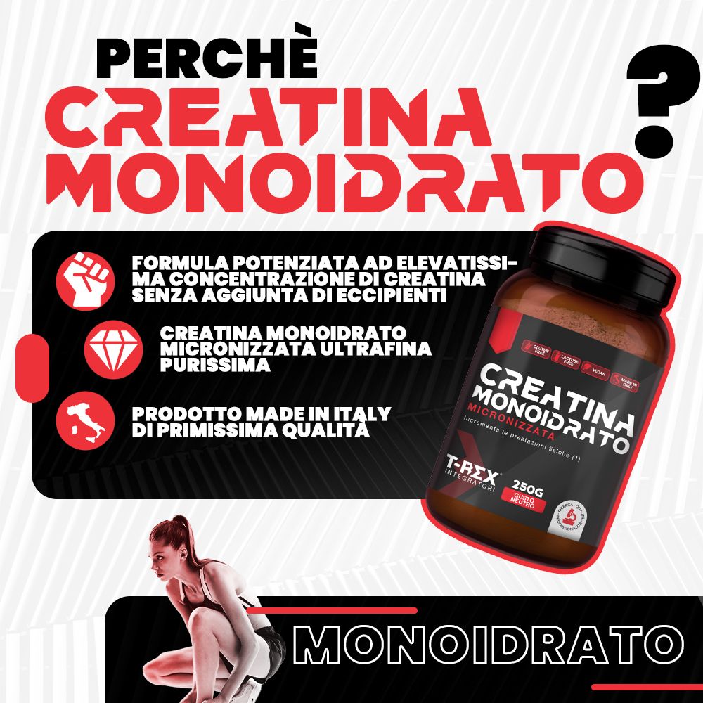 Immagine pubblicitaria con barattolo di Creatina Monoidrato. Testo: Perché Creatina Monoidrato? Formula ad alta concentrazione, senza eccipienti. Made in Italy.
