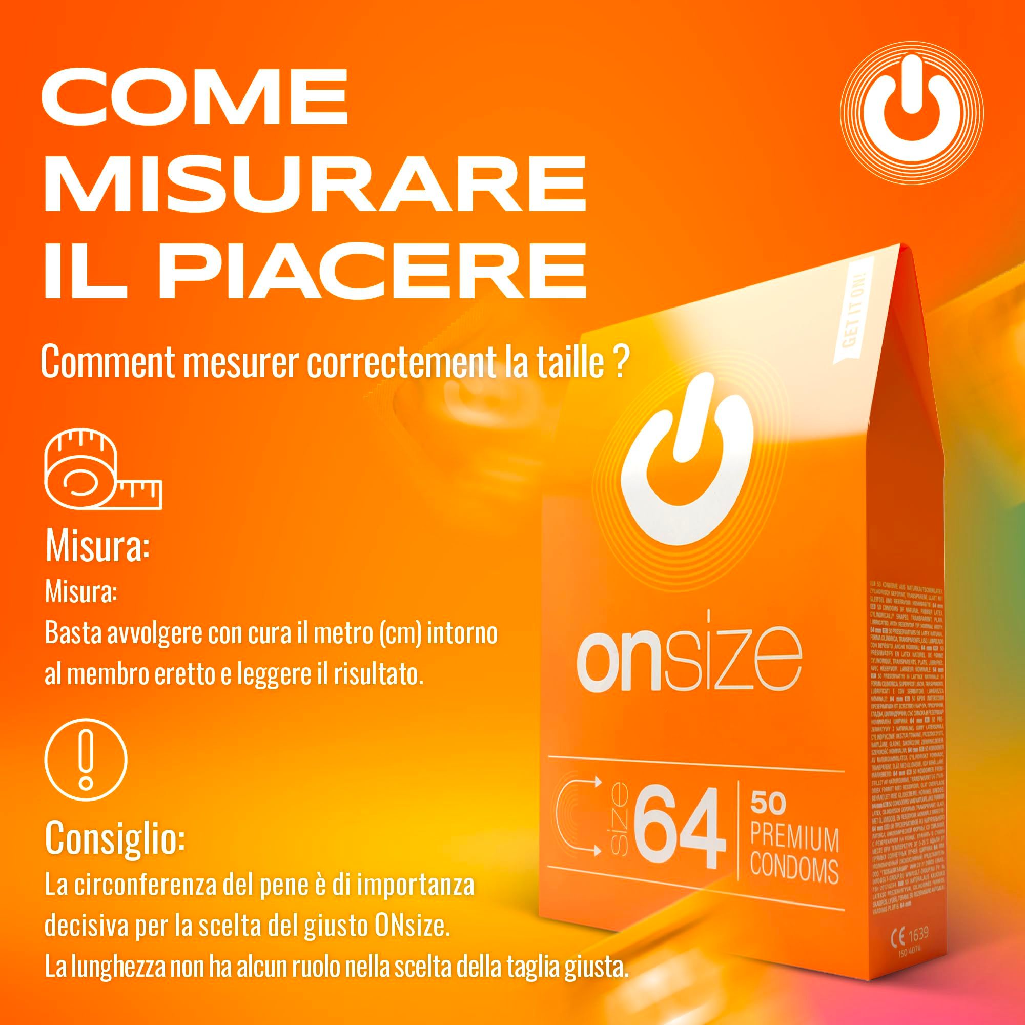 Istruzioni per misurare la circonferenza del pene per preservativi ONsize. Testo: Come misurare il piacere?