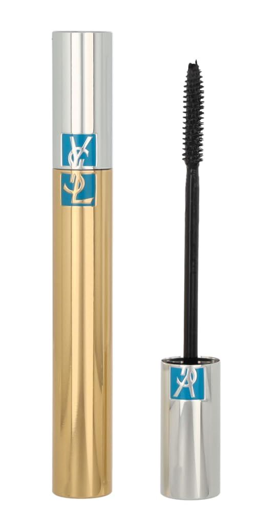 Tubo mascara dorato, cappuccio argento, scovolino nero. Logo YSL. Effetto ciglia finte waterproof.