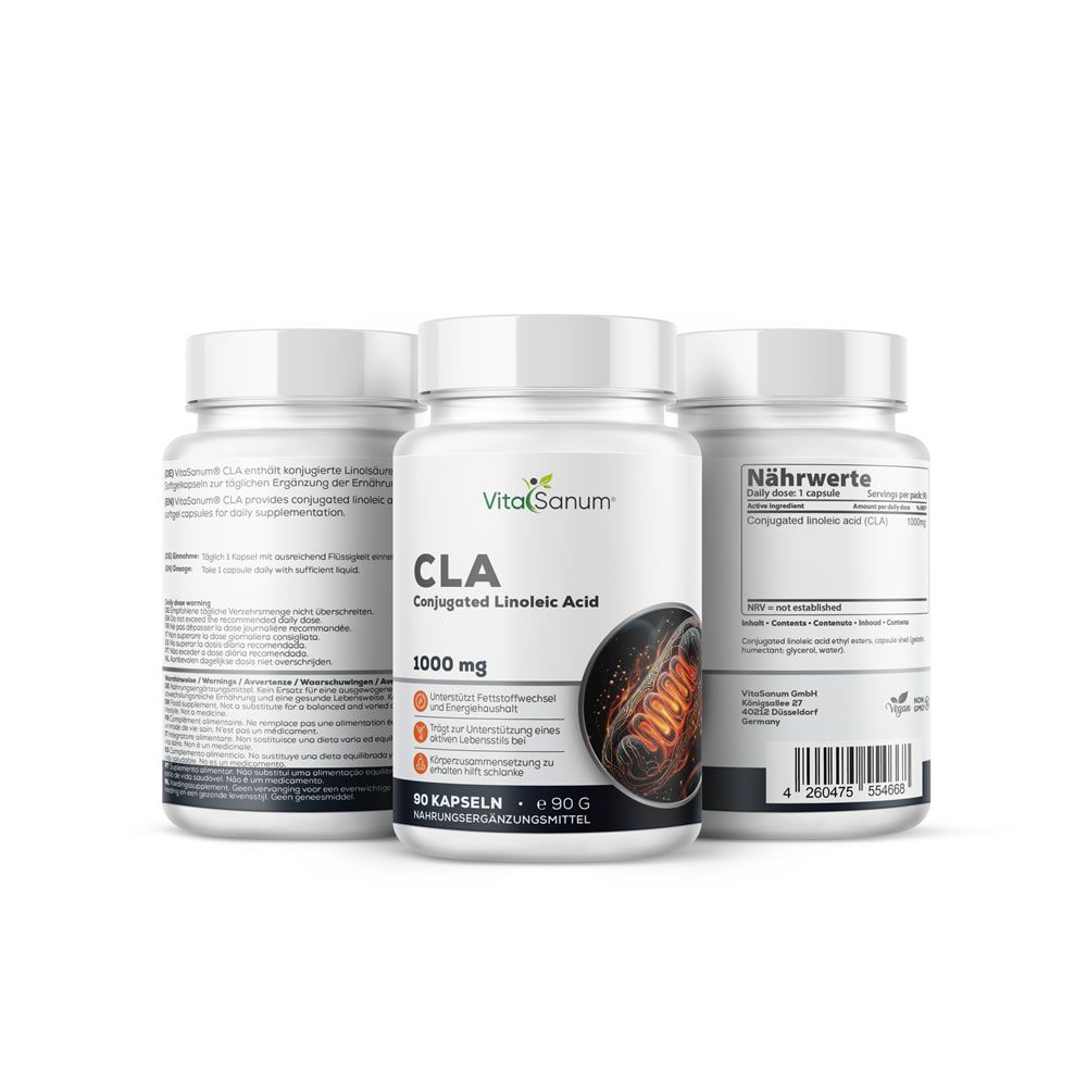 Tre flaconi bianchi VitaSanum CLA. Scritta CLA, 1000 mg, 90 capsule. Illustrazione di una cellula.