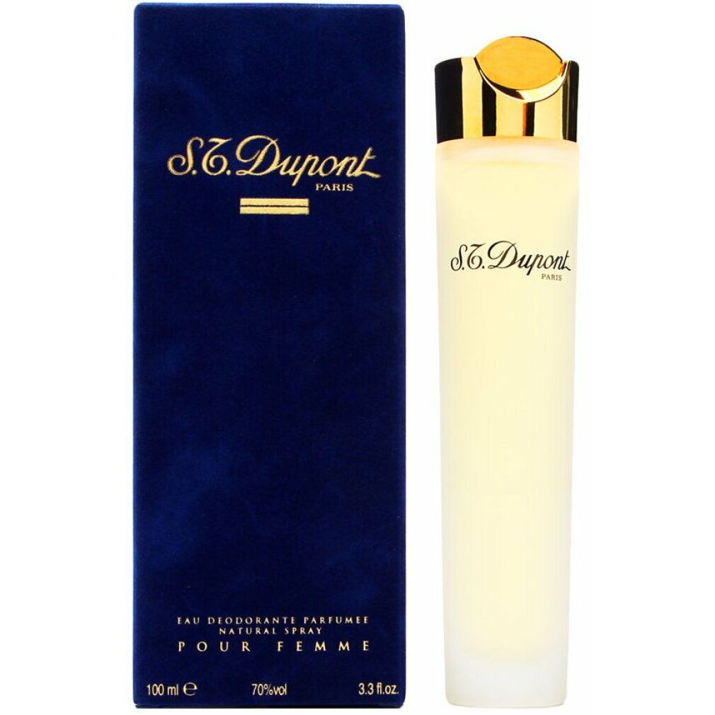 Flacone e scatola blu. Flacone in vetro trasparente con tappo dorato. Testo: S.T. Dupont Pour Femme. Scritto: Eau Deodorante Parfumée.