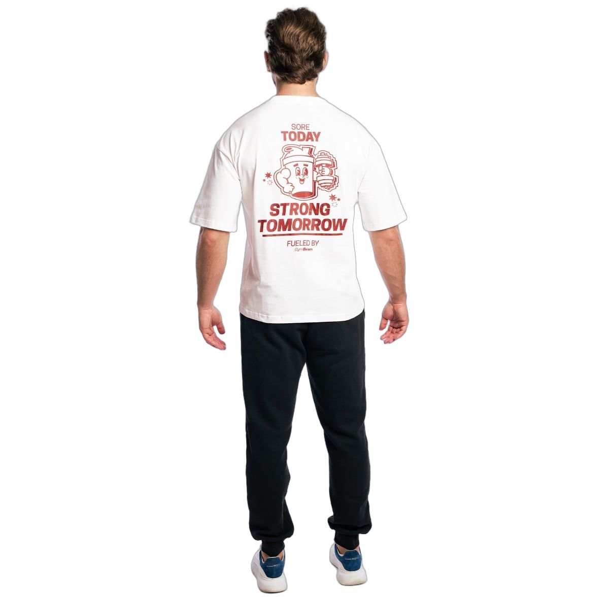 Retro di un t-shirt da uomo bianca, modello Boxy-Oversized, con grande stampa rossa.