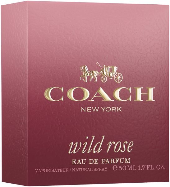 Confezione con logo e scritta "Coach New York". Sotto, "wild rose" e "EAU DE PARFUM".