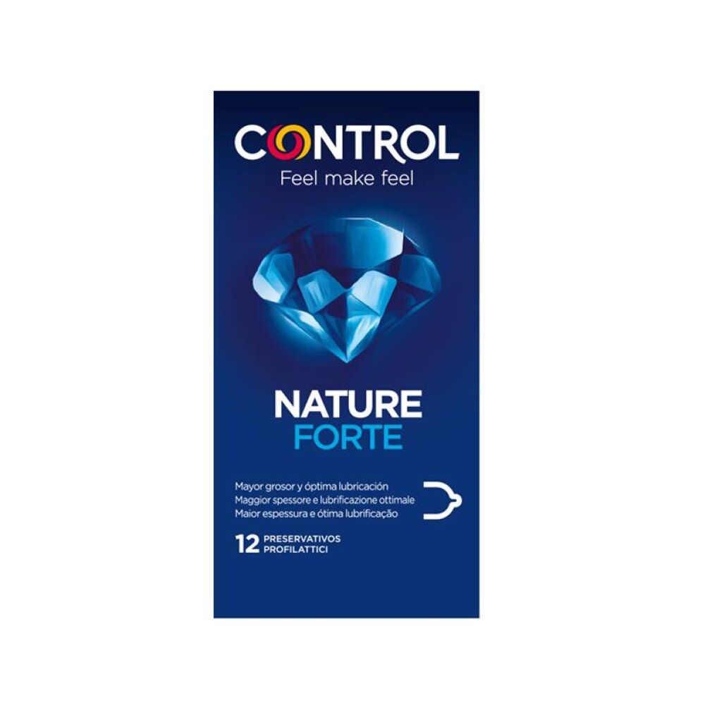 Confezione di preservativi Control Nature Forte, 12 pezzi, scatola blu con grafica a diamante.