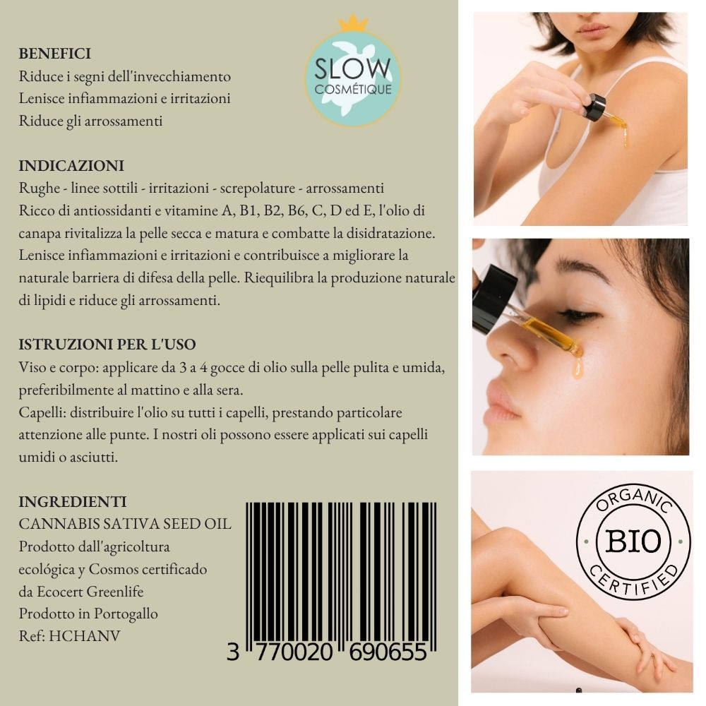 Etichetta con testo: SOWÉ, Olio di canapa biologico, 50 ml. Immagini: viso, schiena, capelli. Certificazione Bio.