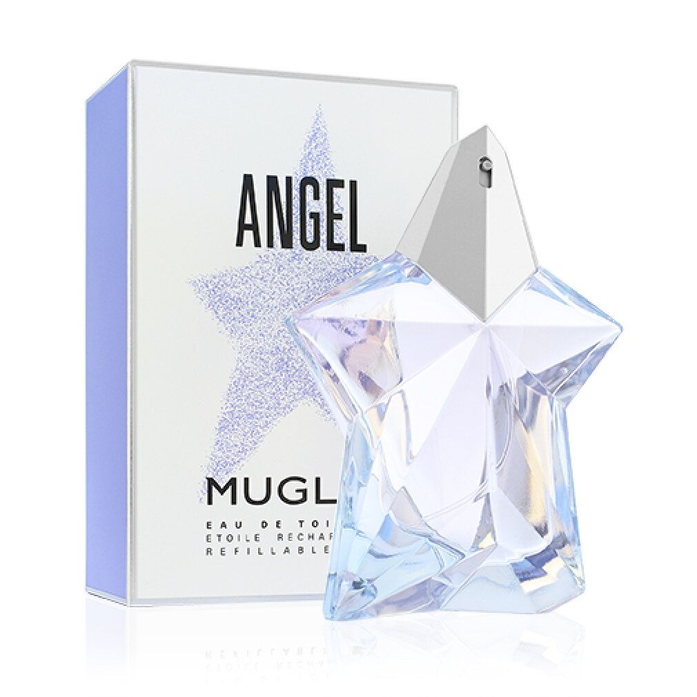 Flacone e confezione di Angel Eau de Toilette. Il flacone è a forma di stella e trasparente. La confezione è bianca.