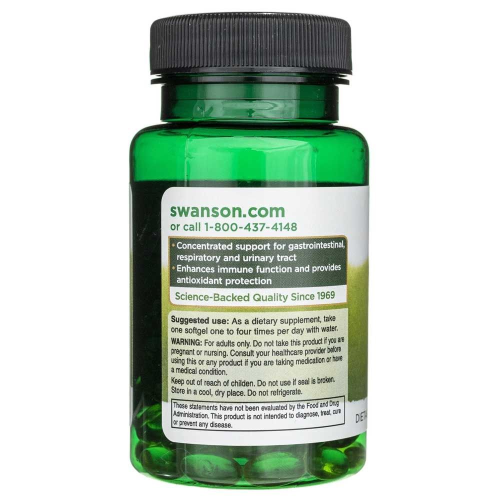 Retro del flacone di olio di origano Swanson con istruzioni per l'uso e avvertenze.