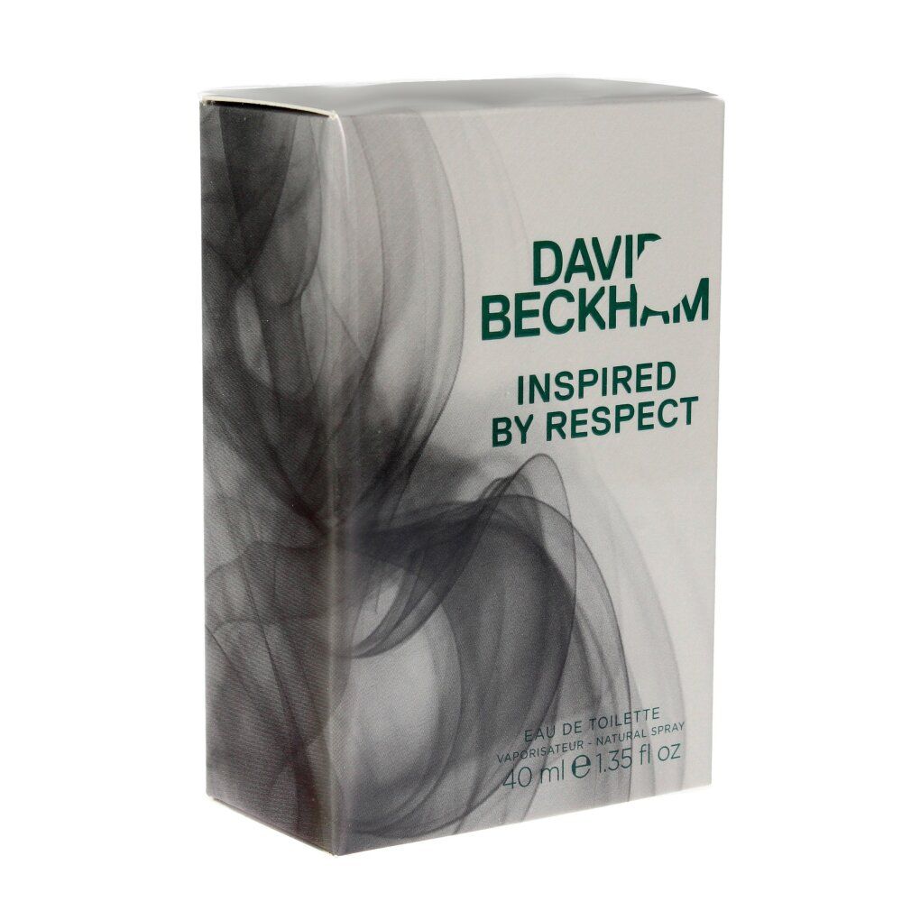Confezione in cartone con scritta: DAVID BECKHAM INSPIRED BY RESPECT. Grafica a onde grigie. 40 ml.