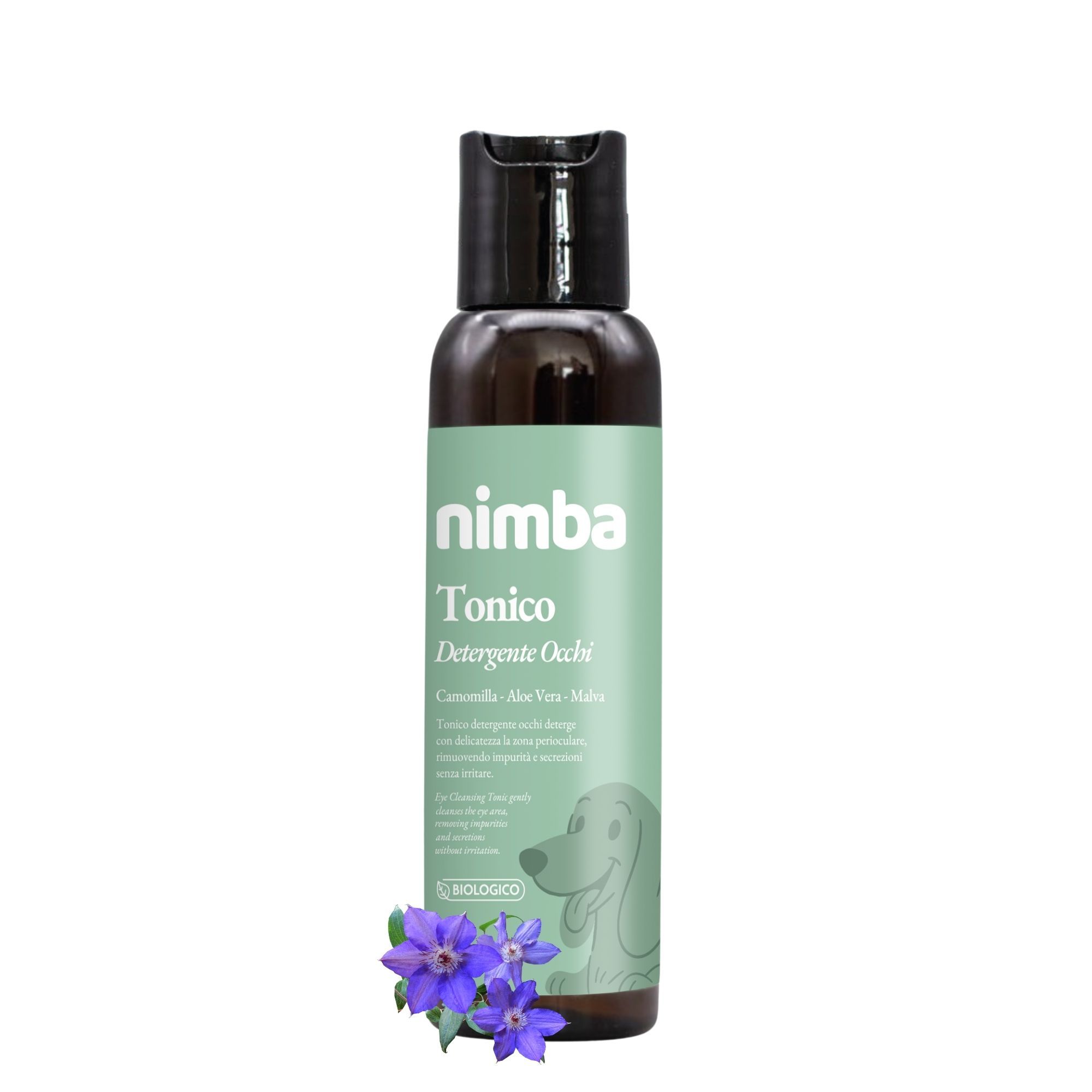 Flacone marrone con etichetta verde. Scritta: Nimba Tonico Detergente Occhi. Illustrazione di un cane e fiori.