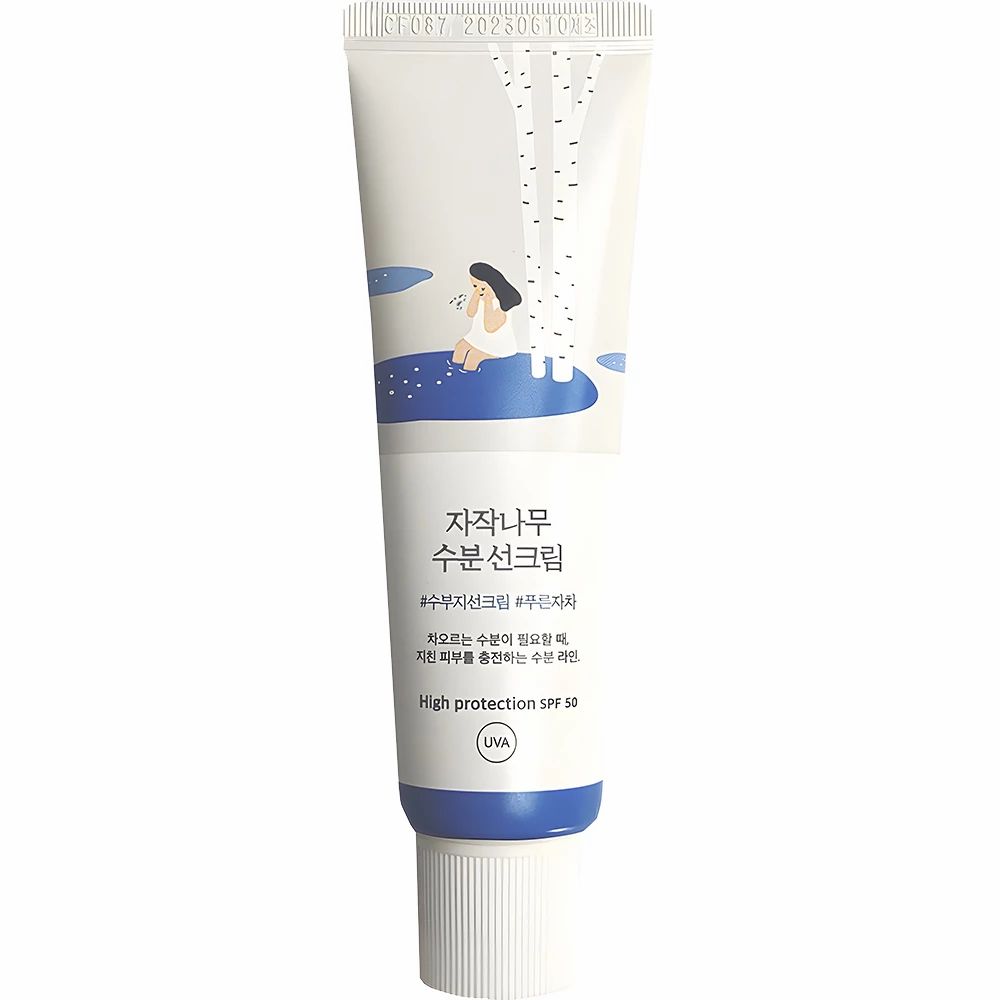 Tubo bianco con tappo blu. Illustrazione di una persona sull'acqua. Testo coreano. SPF 50+ PA++++.