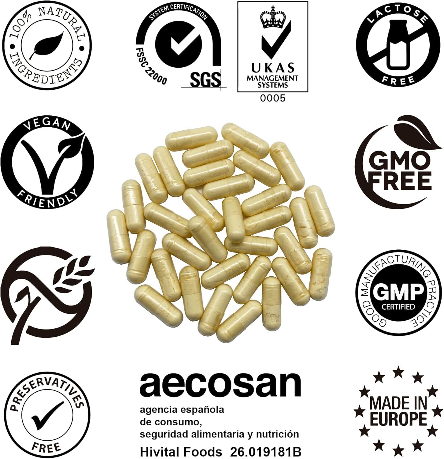 Capsule beige circondate da vari loghi, tra cui Vegan, senza OGM e Made in Europe. Testo: aecosan, agencia española.