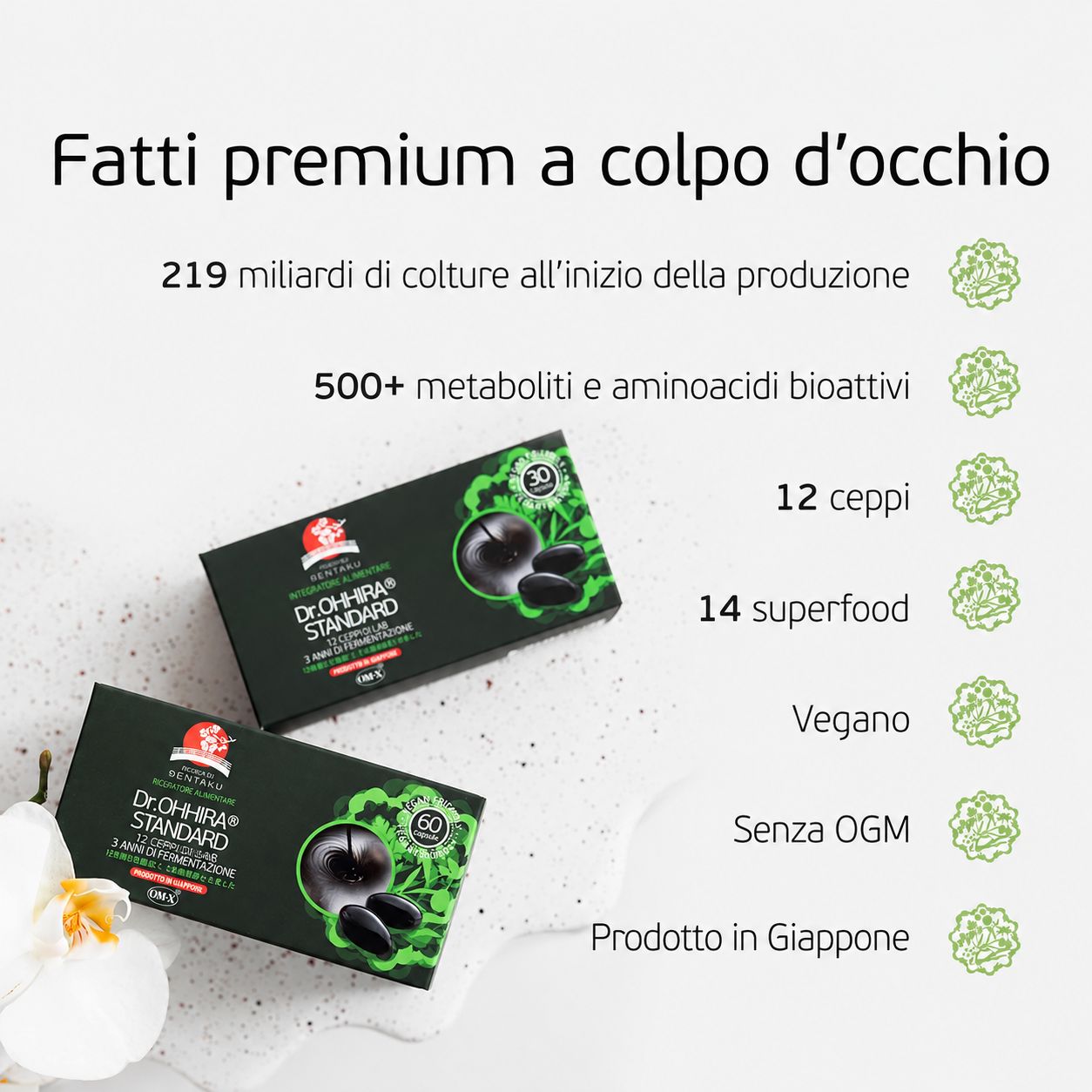 Tabella comparativa: Dr. OHHIRA vs capsule ordinarie, focus pre-, pro-, postbiotici.