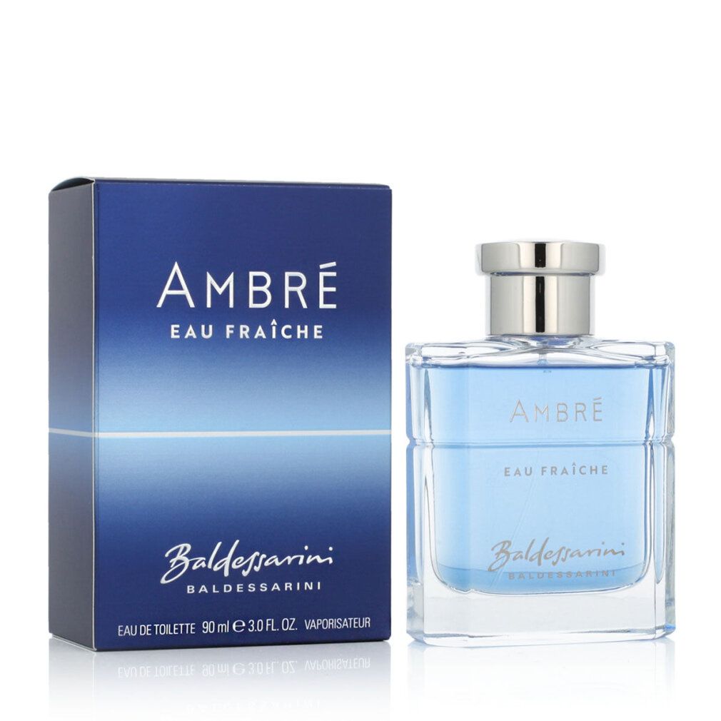 Flacone di profumo e scatola. Flacone: blu, tappo argentato. Scritta: Ambre Eau Fraîche, Baldessarini. Scatola: blu.