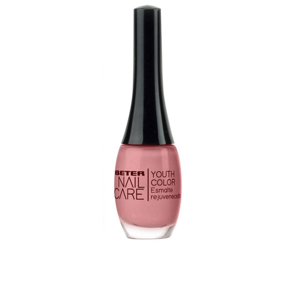 Flacone di smalto con tappo nero. Scritta: Beter Nail Care Youth Color. Colore: Taupe Rose. Sigillo vegano.