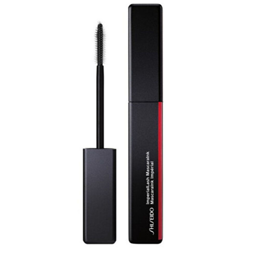 Mascara nero con spazzola. Scritta: ImperialLash Mascaraink, SHISEIDO. Dettagli rossi sul contenitore.