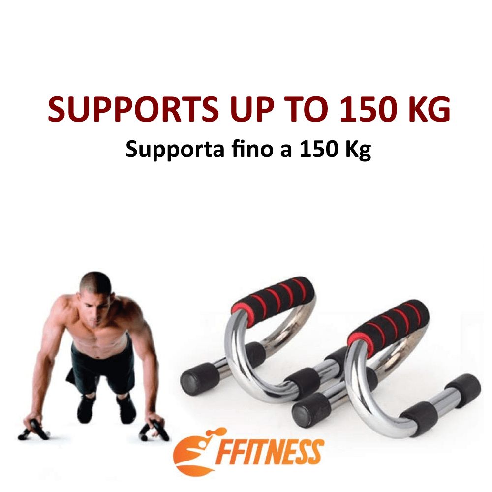 Uomo che fa flessioni con maniglie. Struttura in metallo, impugnature rosso-nere. Testo: 'Supports up to 150 kg', 'FFitness'.
