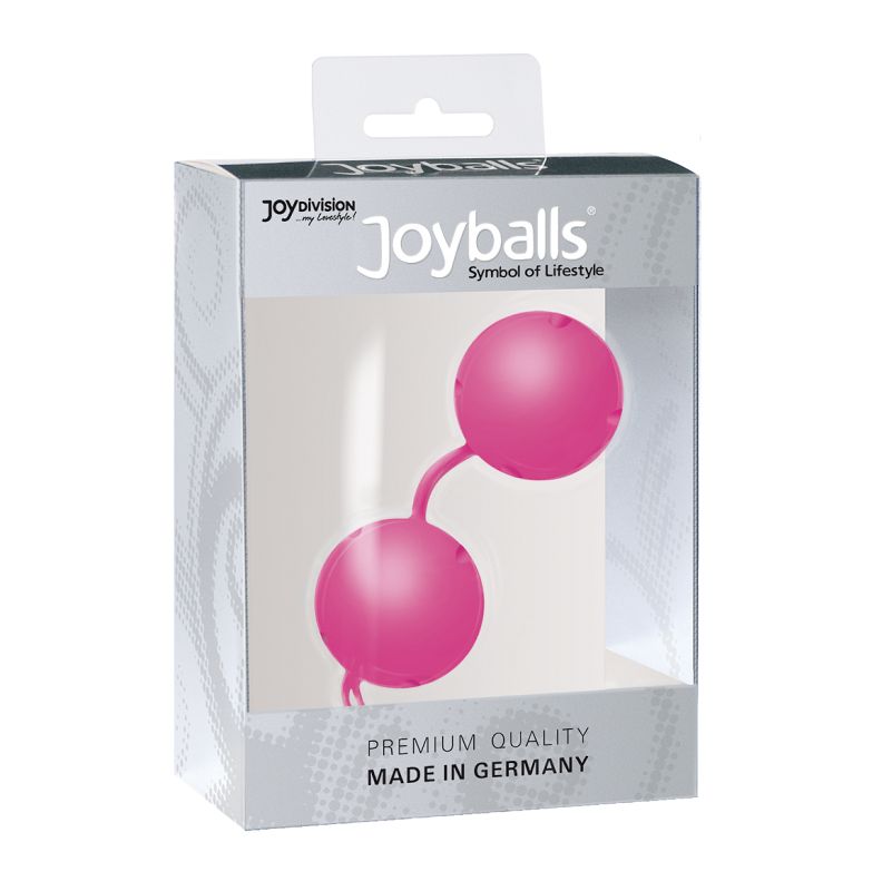 Due sfere rosa collegate da un gambo, in una confezione. Scritta: Joyballs, Premium Quality, Made in Germany.