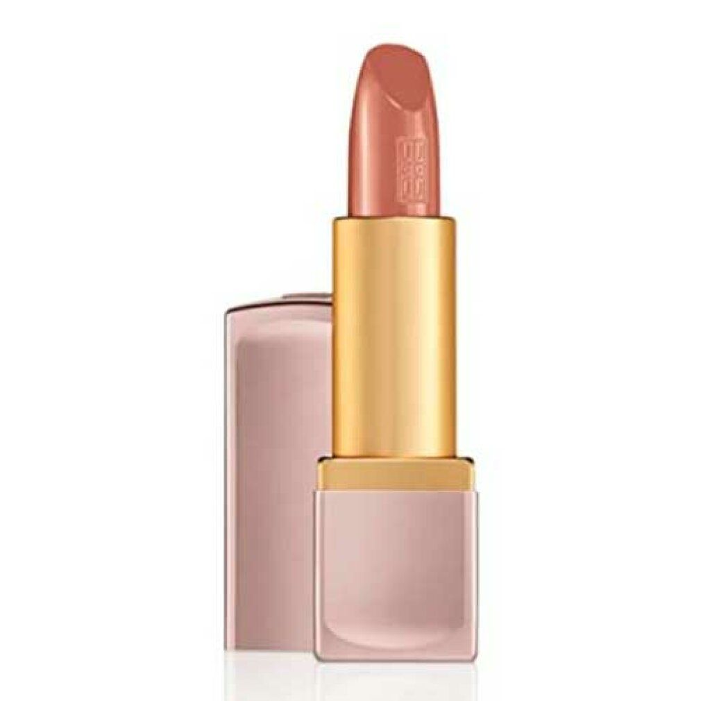 Rossetto aperto. Rossetto dorato con custodia rosa. La punta del rossetto è marrone chiaro. Il nome del marchio è inciso sul rossetto.