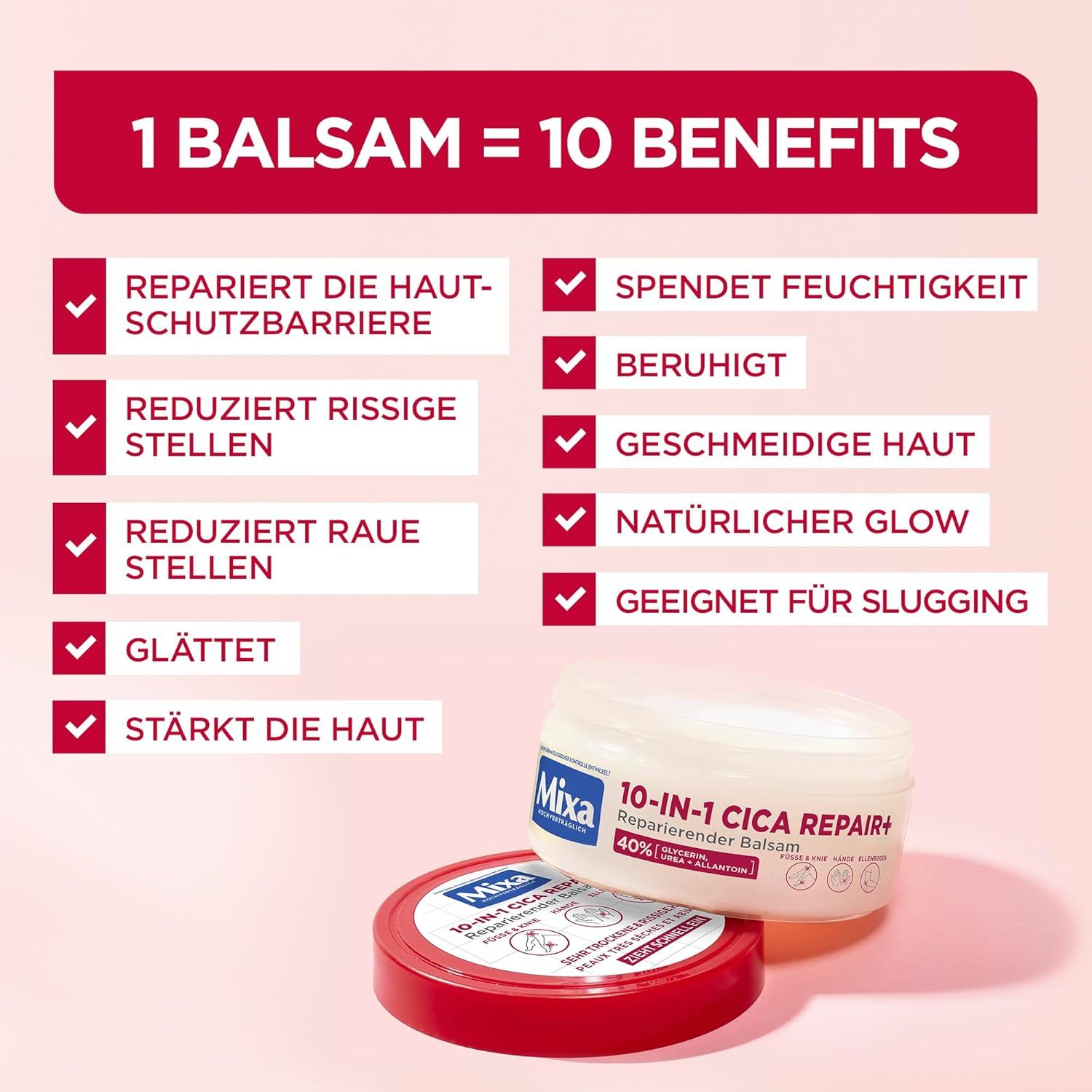 Due barattoli con coperchi rossi. Testo: 1 balsamo = 10 benefici. Elenco dei benefici.