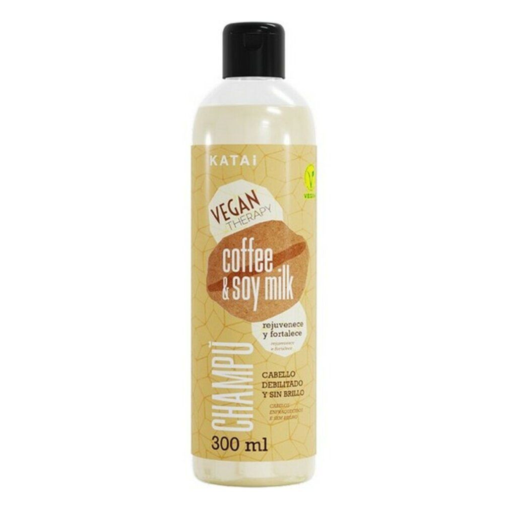 Flacone di shampoo Katai, tappo nero. Scritta: Vegan Therapy, coffee & soy milk, Champú, 300 ml.
