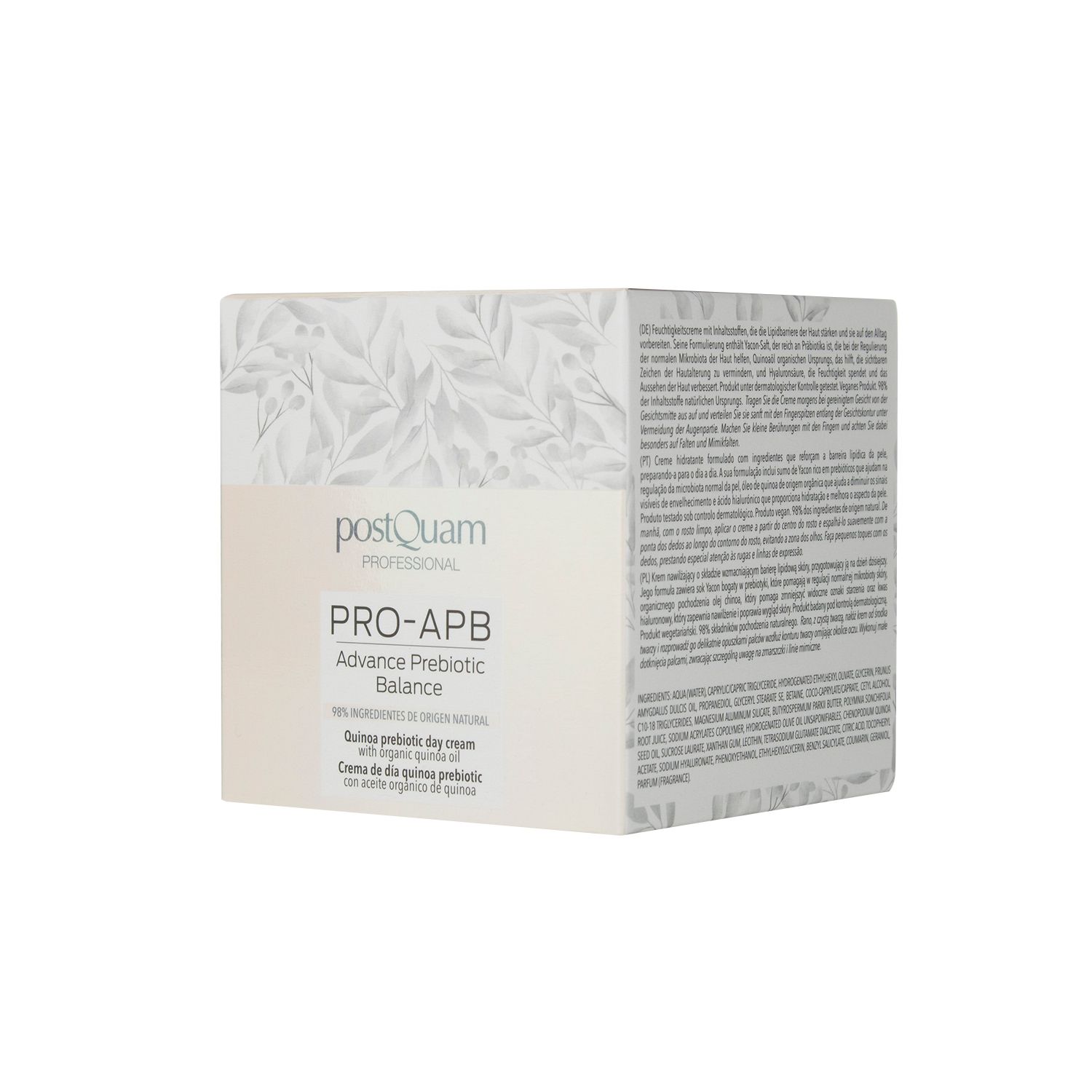 Scatola con scritta: PRO-APB Advance Prebiotic Balance. Marchio: postQuam. Testo: Quinoa prebiotic day cream. Confezione con motivo a foglie.