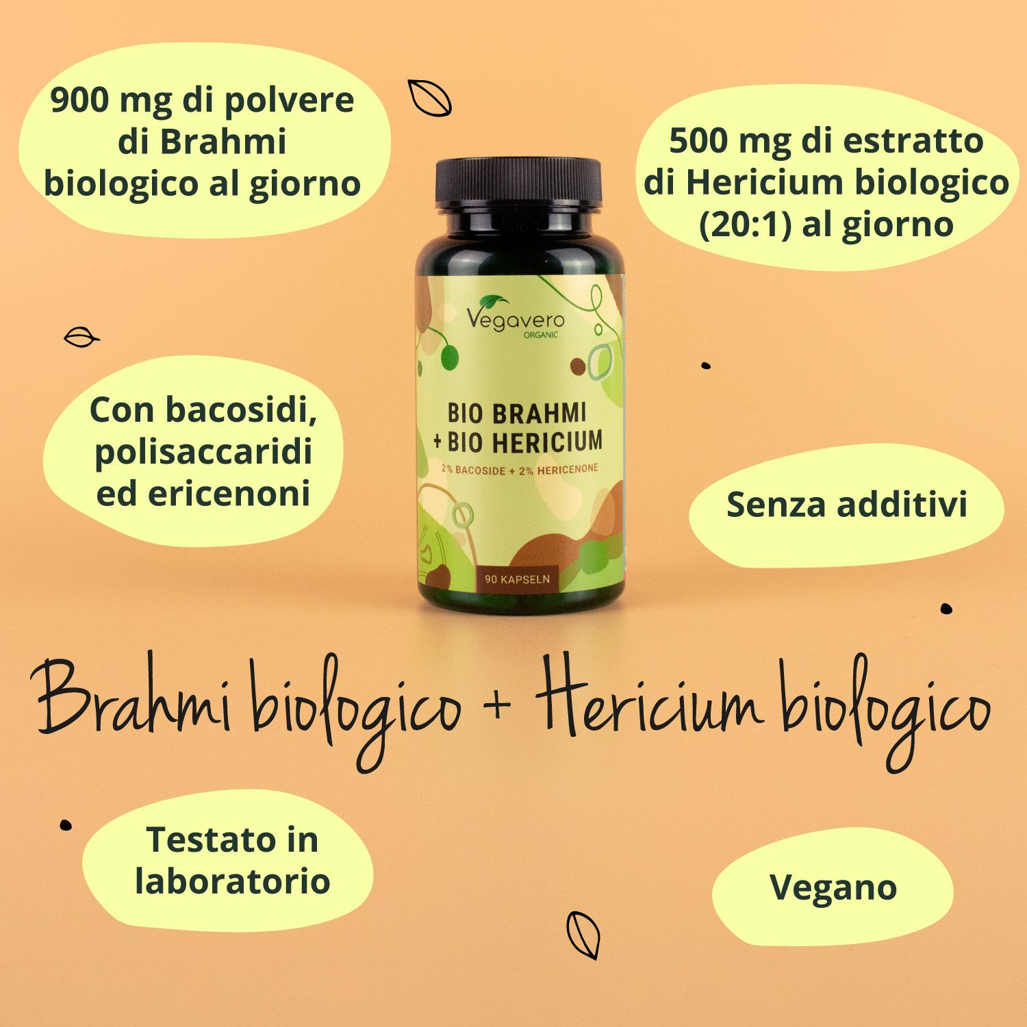 Flacone di capsule circondato da testo. Testo: Brahmi biologico + Hericium biologico. Informazioni sugli ingredienti e la produzione.
