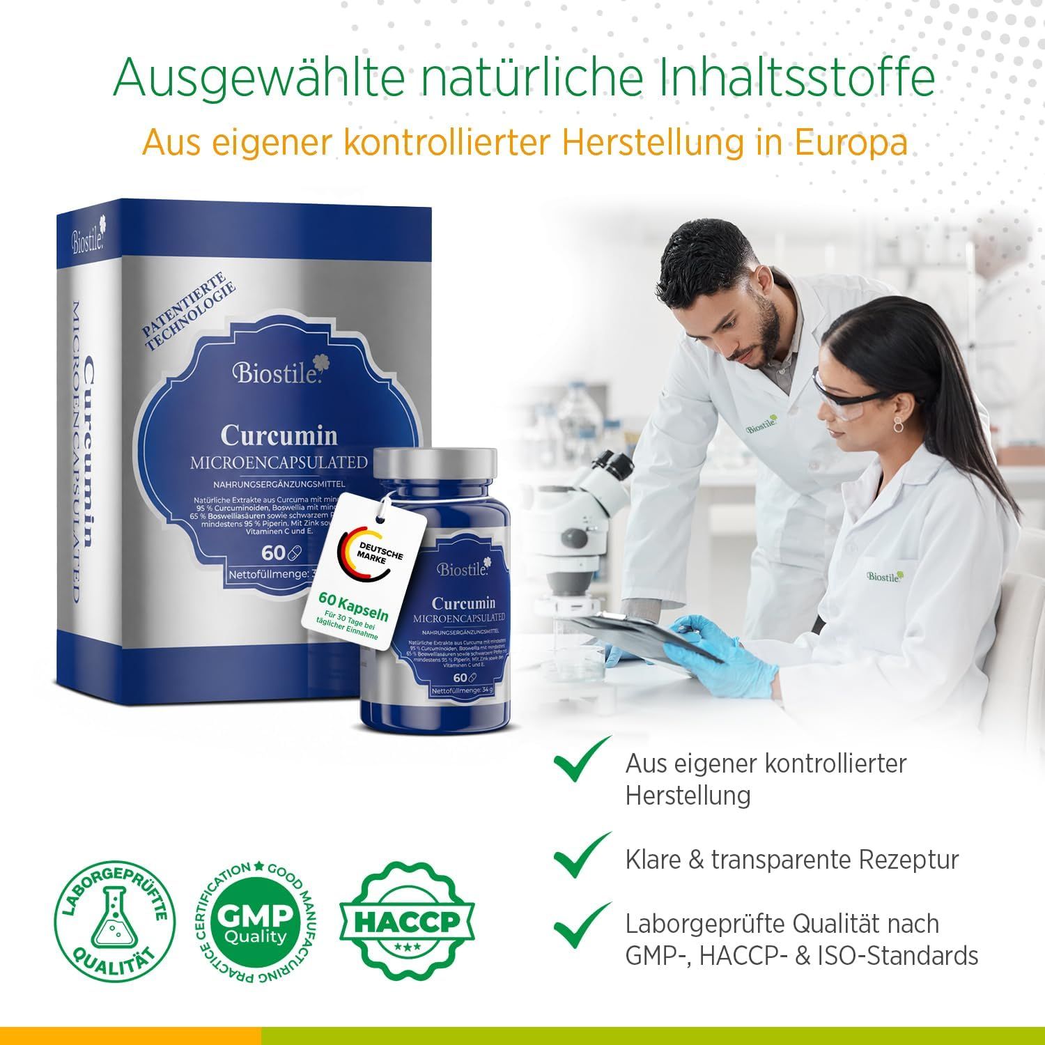 Scienziati in laboratorio con prodotto Biostile Curcumin.