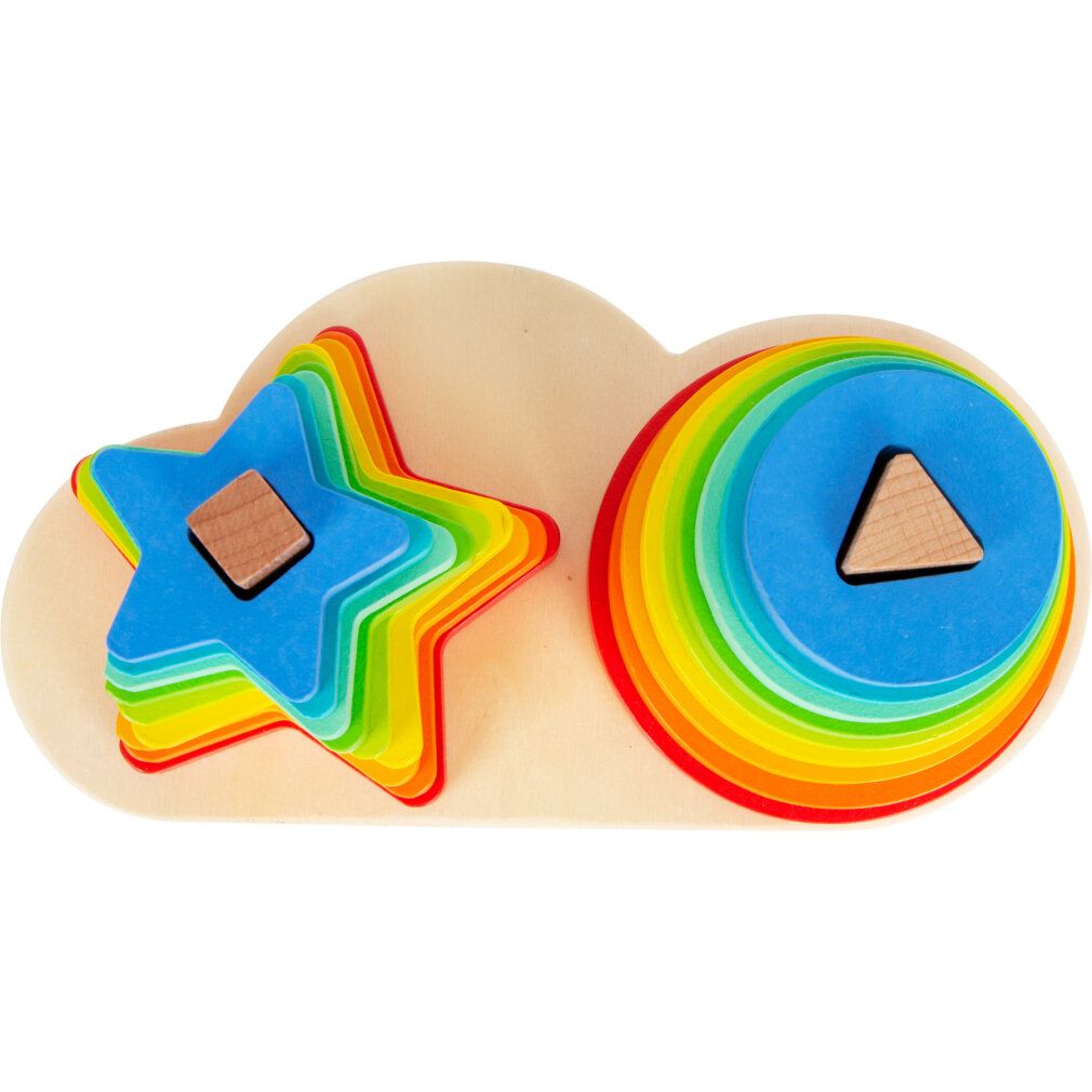 Gioco ad incastro in legno con forme a stella e cerchio arcobaleno. Su base in legno con pioli in legno.