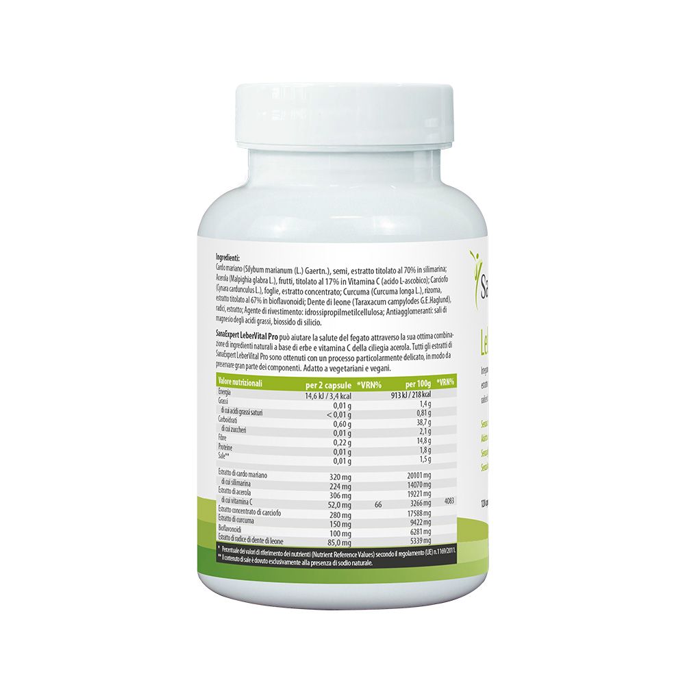 Retro del flacone bianco SanaExpert LeberVital Pro. Etichetta con ingredienti e informazioni nutrizionali. Testo in italiano.
