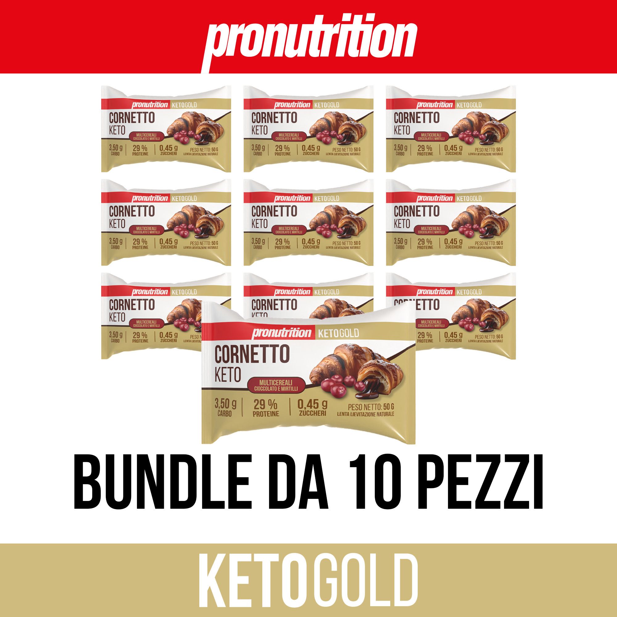Nove snack Cornetto Keto confezionati singolarmente, logo Pronutrition. Scritta: Bundle da 10 pezzi. Keto Gold.