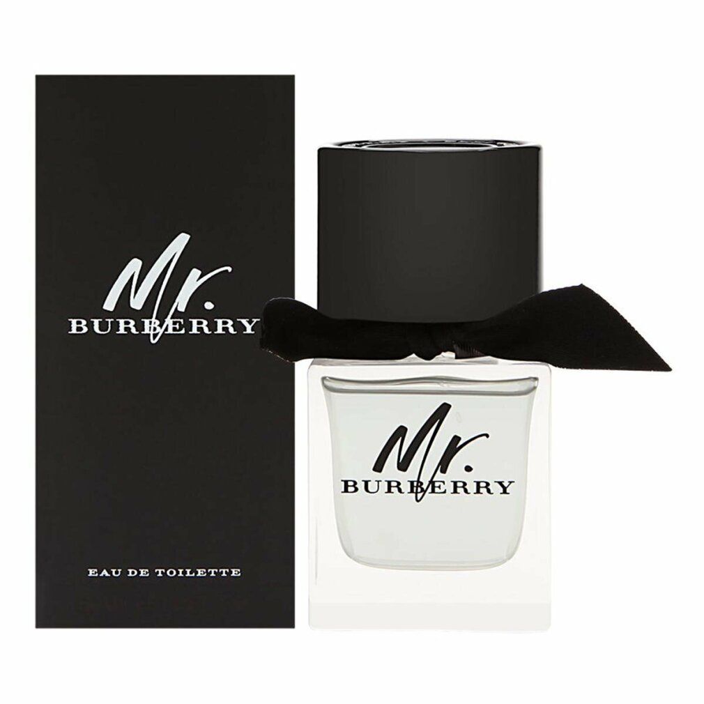 Flacone e confezione. Su entrambi è scritto "Mr. BURBERRY". Flacone con tappo nero e fiocco nero.