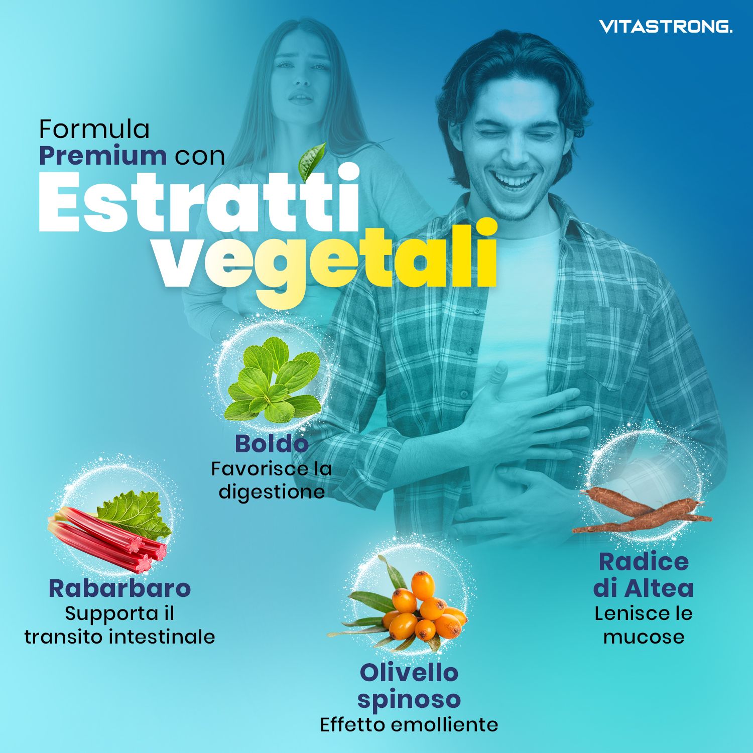 Vitastrong Laxastrong. Illustrazione di estratti vegetali: rabarbaro, olivello spinoso, radice di altea e boldo. Testo in italiano.