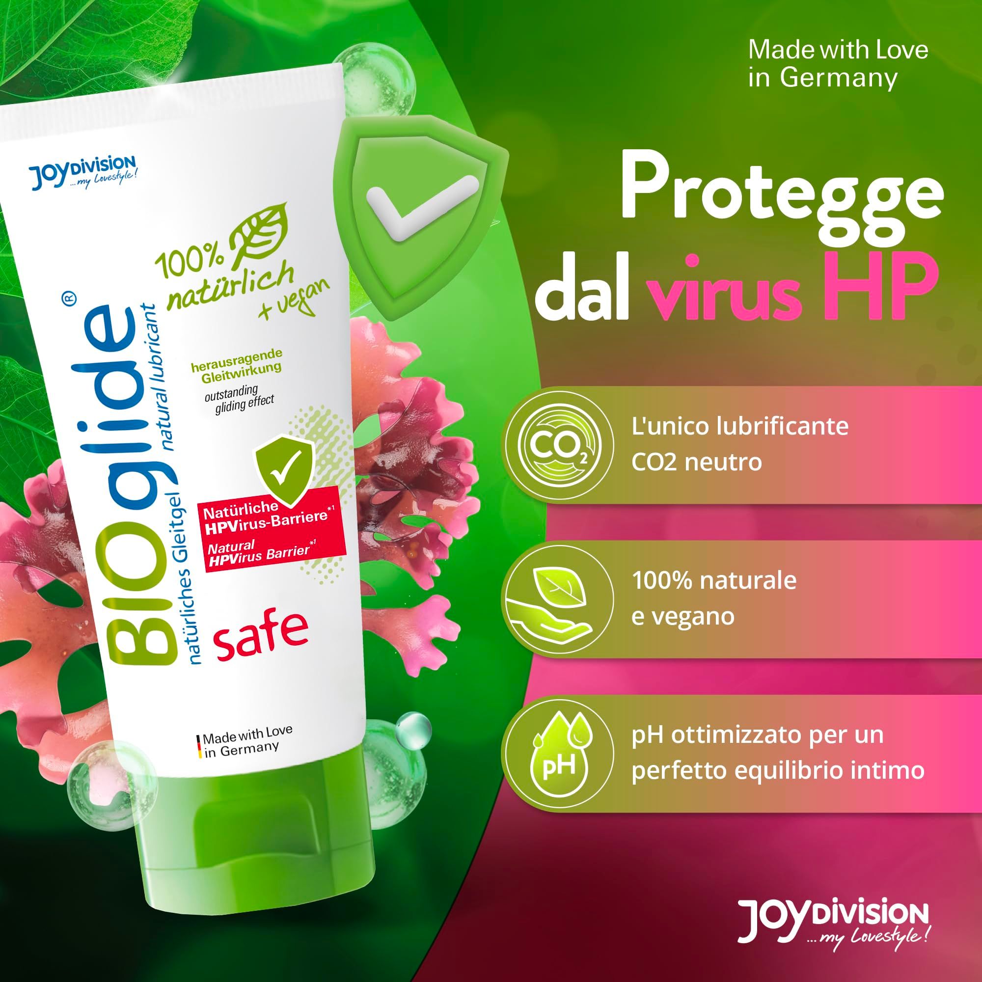 Tubo bianco con tappo a vite verde. Logo BIOglide, '100% naturale + vegan', 'safe Carrageen'.