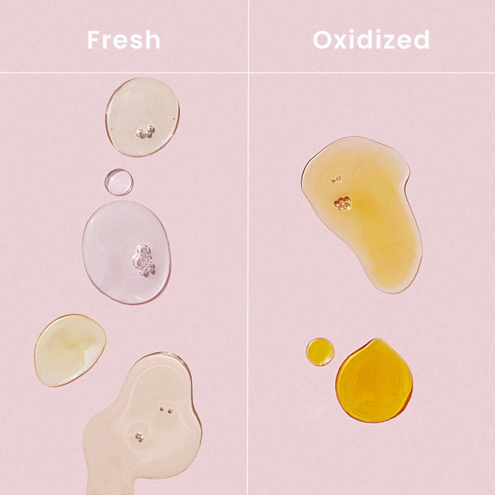 Due gruppi di gocce di liquido. Sinistra: chiaro. Destra: giallo-marrone. Scritta: Fresco e Ossidato.