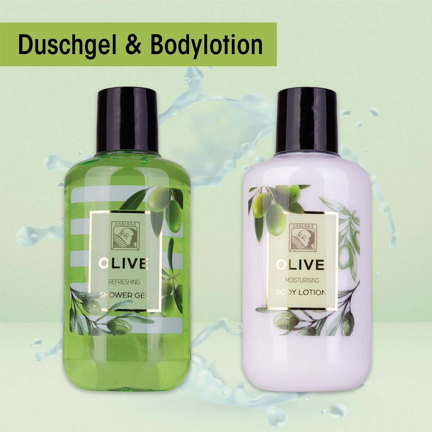 Gel doccia e lozione corpo Olive. Flaconi verdi e bianchi con decorazioni di olive. Tappi neri.