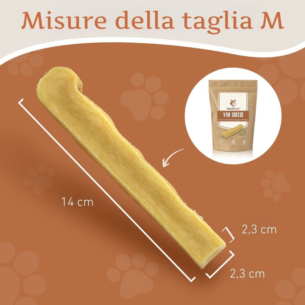 Bastoncino masticabile, dimensioni: 14 cm di lunghezza, 2,3 cm di larghezza e altezza. Confezione sullo sfondo.