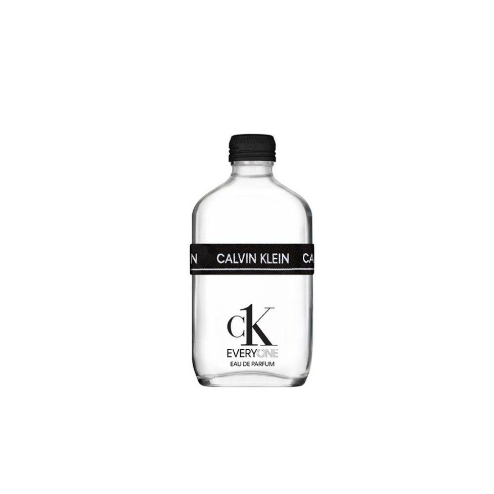 Flacone trasparente con tappo nero e fascia "CALVIN KLEIN". Scritta "ck EVERYONE EAU DE PARFUM".