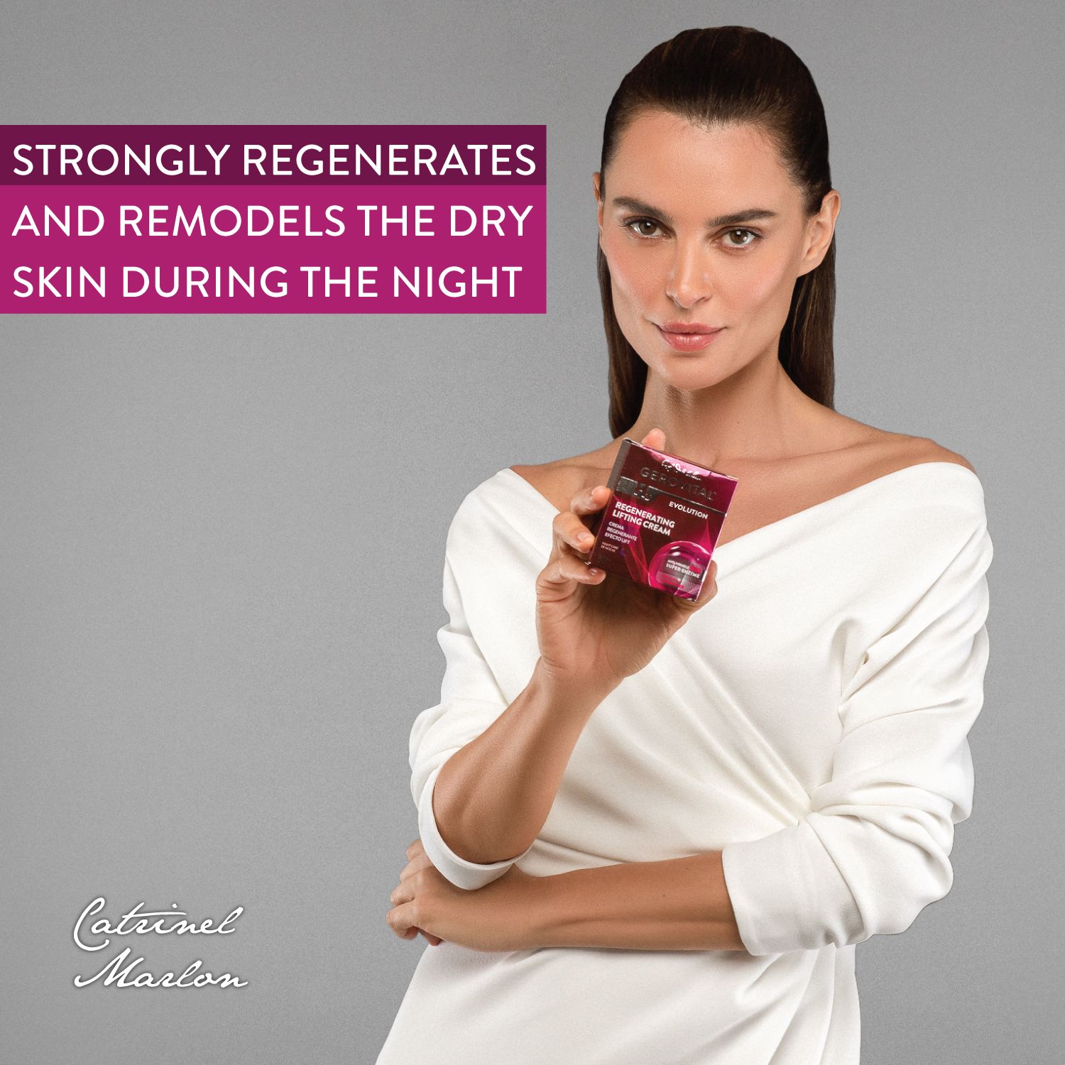 Donna tiene una scatola. Testo: Rigenera e rimodella la pelle secca durante la notte. Gerovital H3 Evolution.