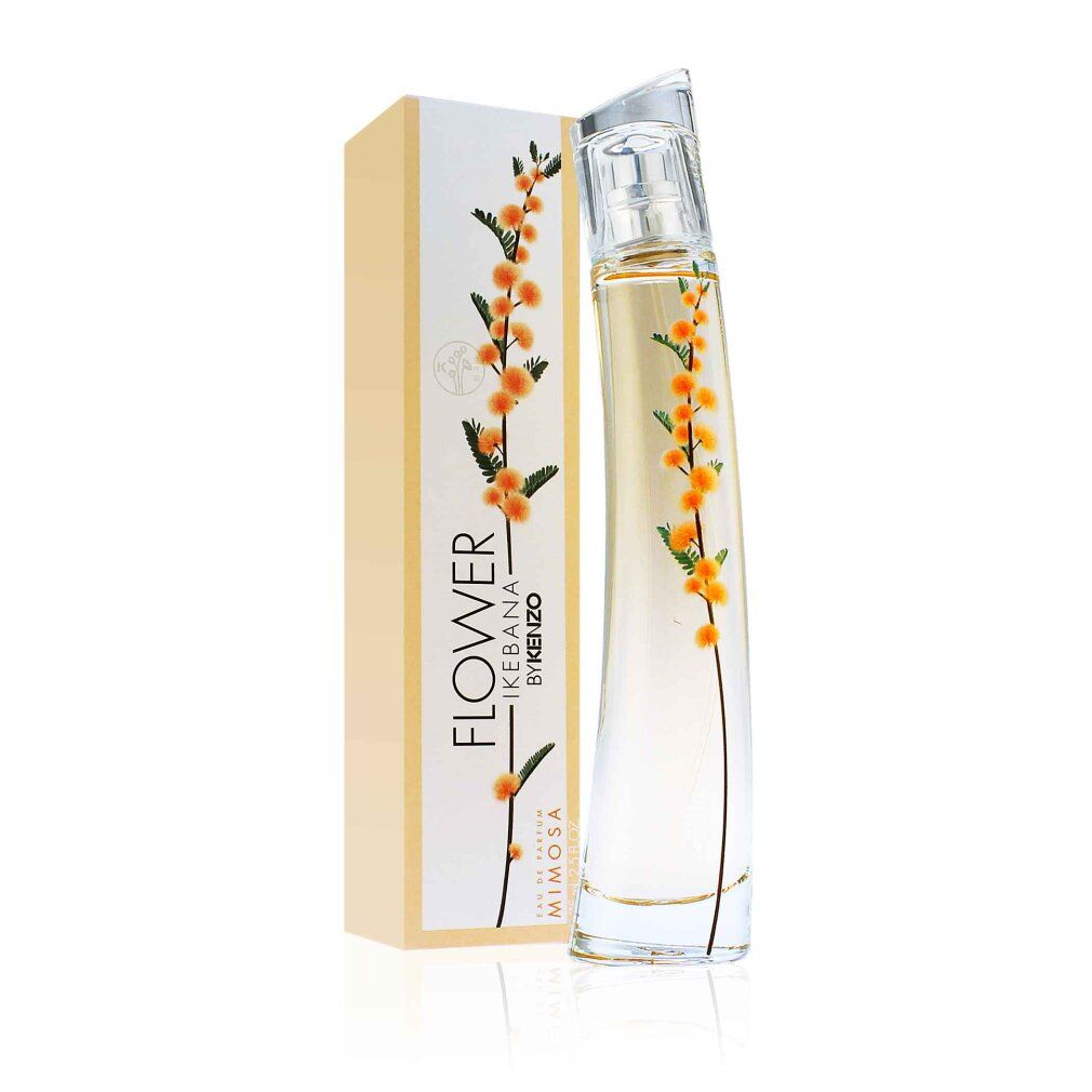 Flacone di profumo con design floreale e confezione. Scritta: Flower Ikebana by KENZO Mimosa. Flacone con liquido giallastro.