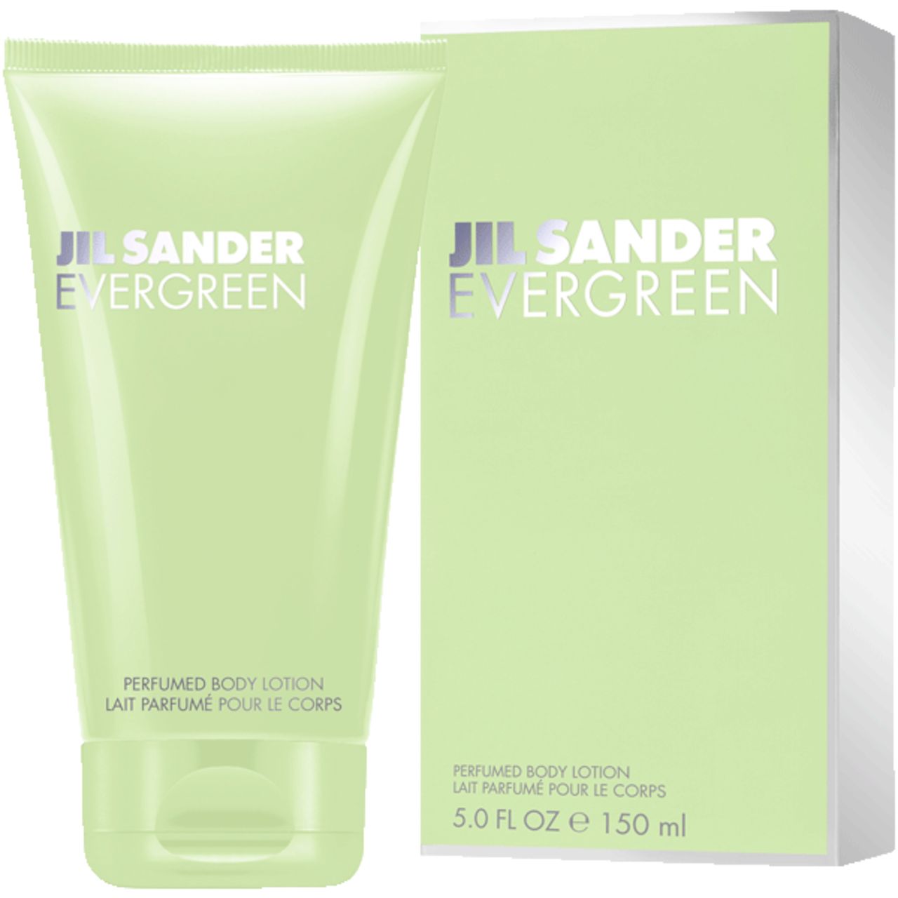 Tubo e scatola verdi. Scritta: Jil Sander Evergreen, Lozione corpo profumata. 150 ml.