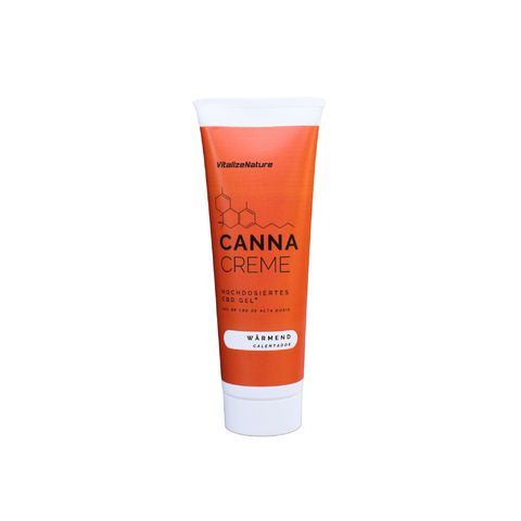 Tubo arancione con tappo bianco. Testo: Canna Creme, riscaldante, gel CBD.