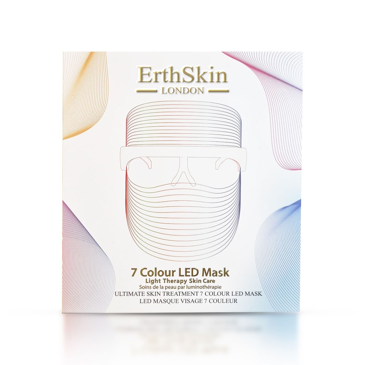 Confezione quadrata con maschera LED. Scritta: ErthSkin London, 7 Colour LED Mask. Illustrazione della maschera.
