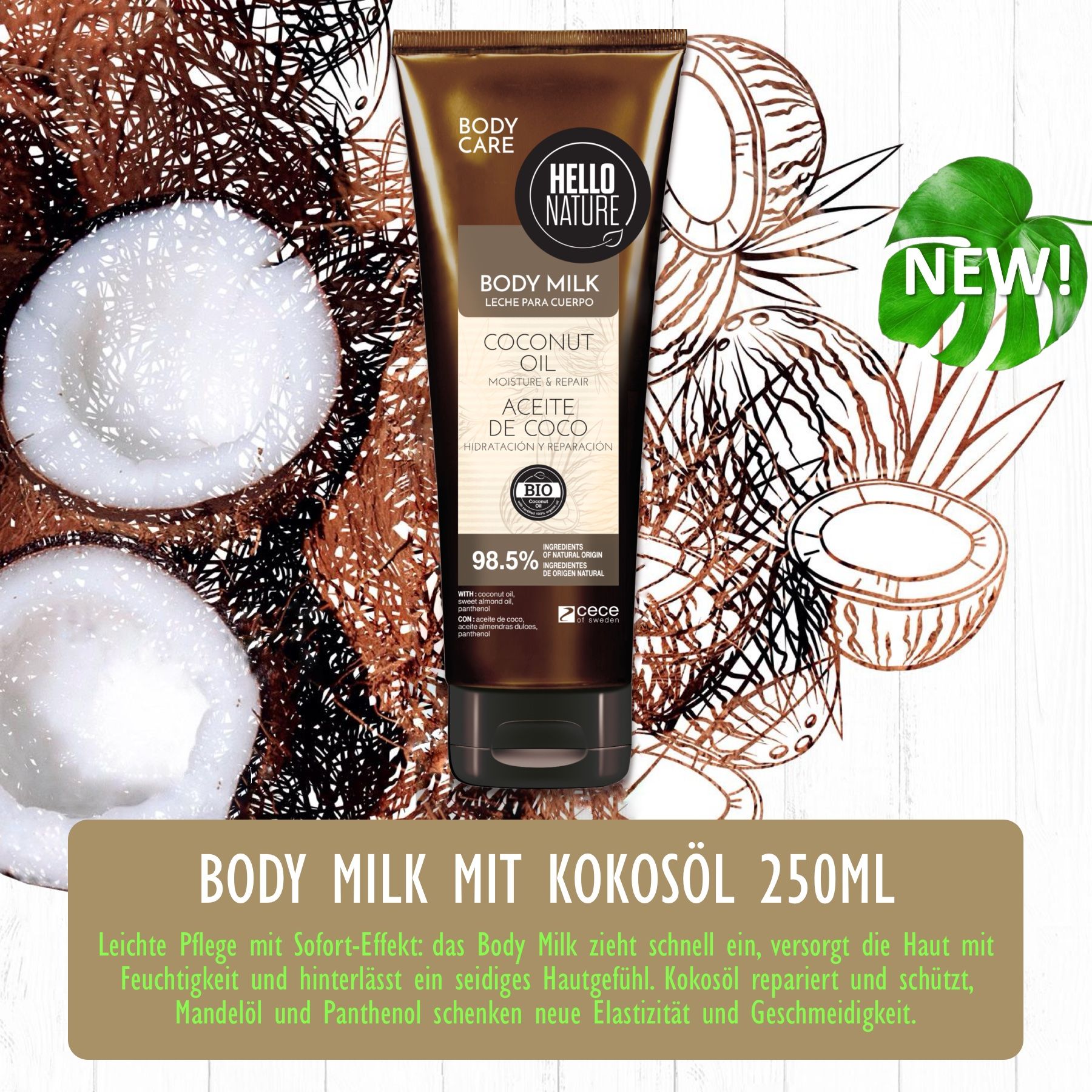 Latte corpo all'olio di cocco in un tubo marrone. Sul tubo si legge "Body Milk" e "Coconut Oil".