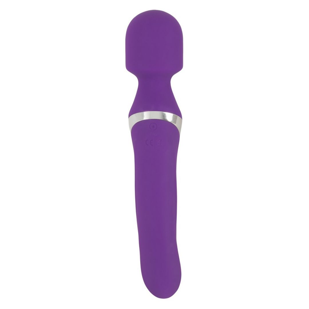 Vibratore viola con testa arrotondata. Dettaglio argentato. Forma affusolata.