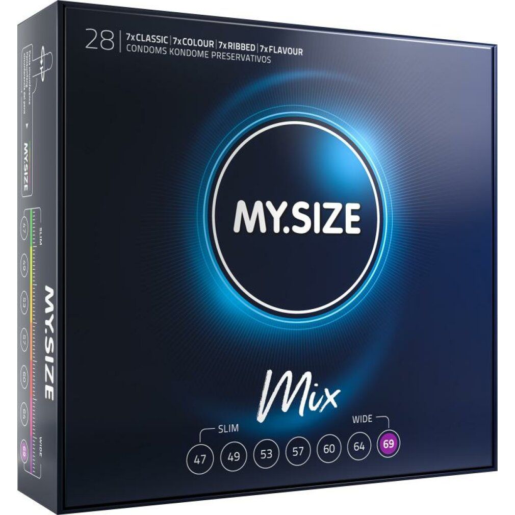 Confezione My.Size Classic 69mm MIX da 28 preservativi, 7x Classic, 7x Colour, 7x Ribbed, 7x Flavour.