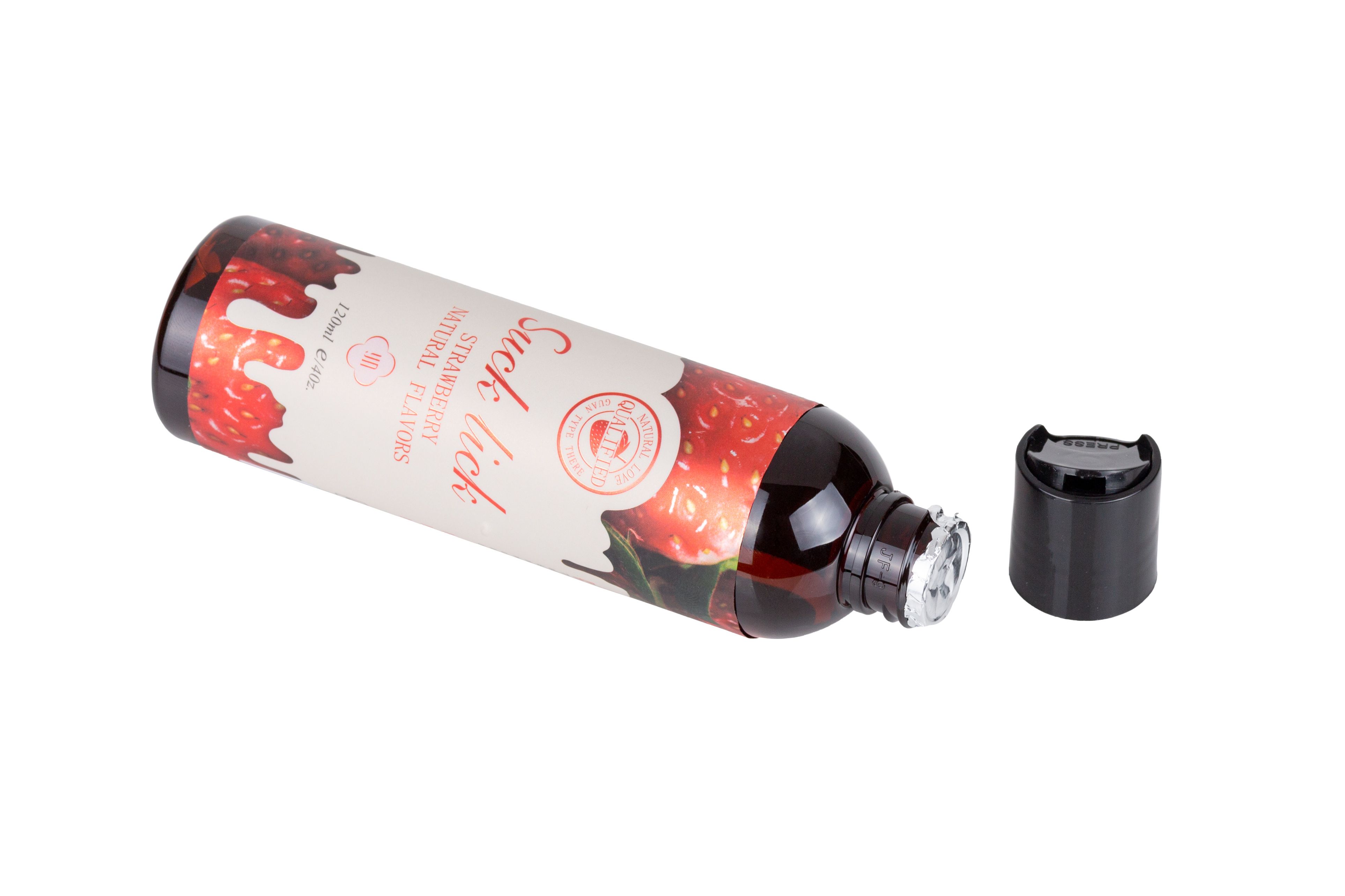 Flacone di liquido rosso, tappo nero e foglio aperto. Scritta: Suck lick, gusto fragola.